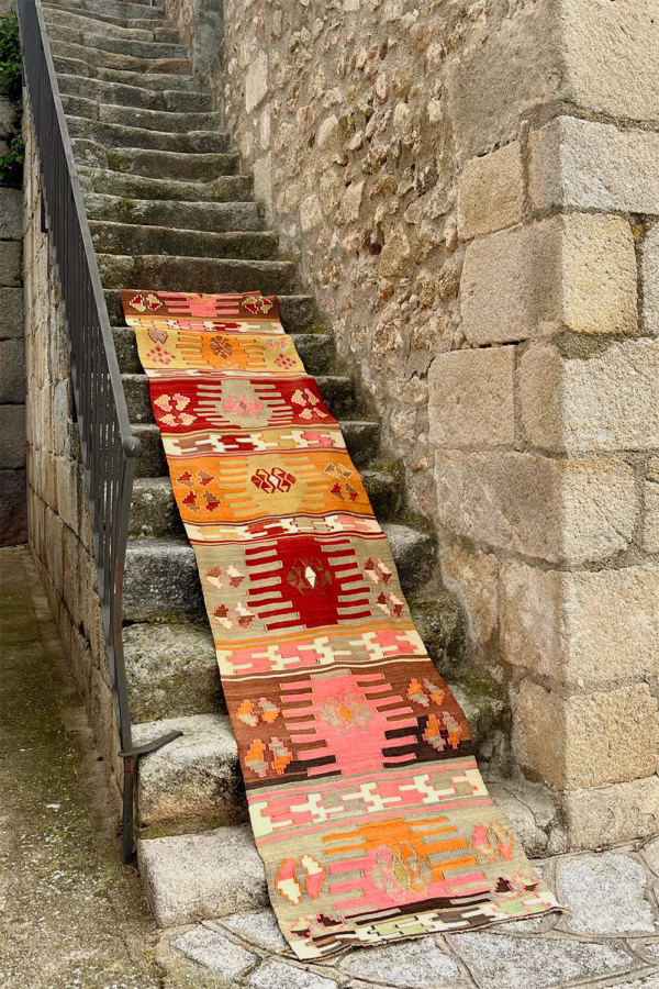 Vintage Afyon kilim from Turkey. 408x83 cms