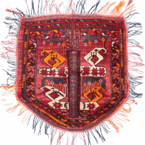 Alfombra turkmana semi antigua para la montura de caballo, Afganistán. 70x73 cms